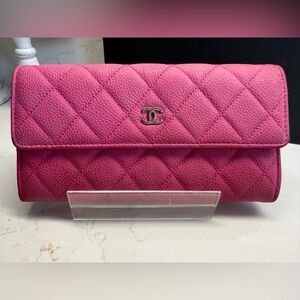 Chanel Caviar Quilted Large Gusset Flap Wallet Pink